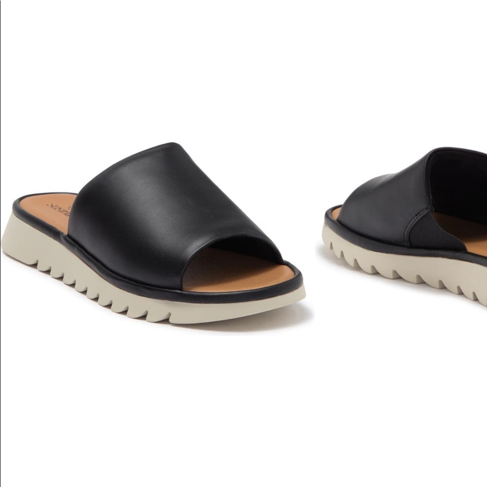 Susina Fiona Flat Sandal black leather slides platform slides slip on sandals